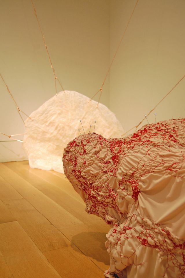 image: Foreground: Title: "Let into the Air" hand-stitched wearable form, needles 2011. Background: Title: "Buried so Deeply" flesh sculpture with copper wire and hooks, 2011.  photo: Jes Gamble