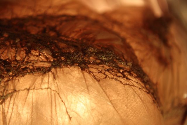 image: Hand-stitched head-covering (detail on translucent head cast with light inside) , 2012